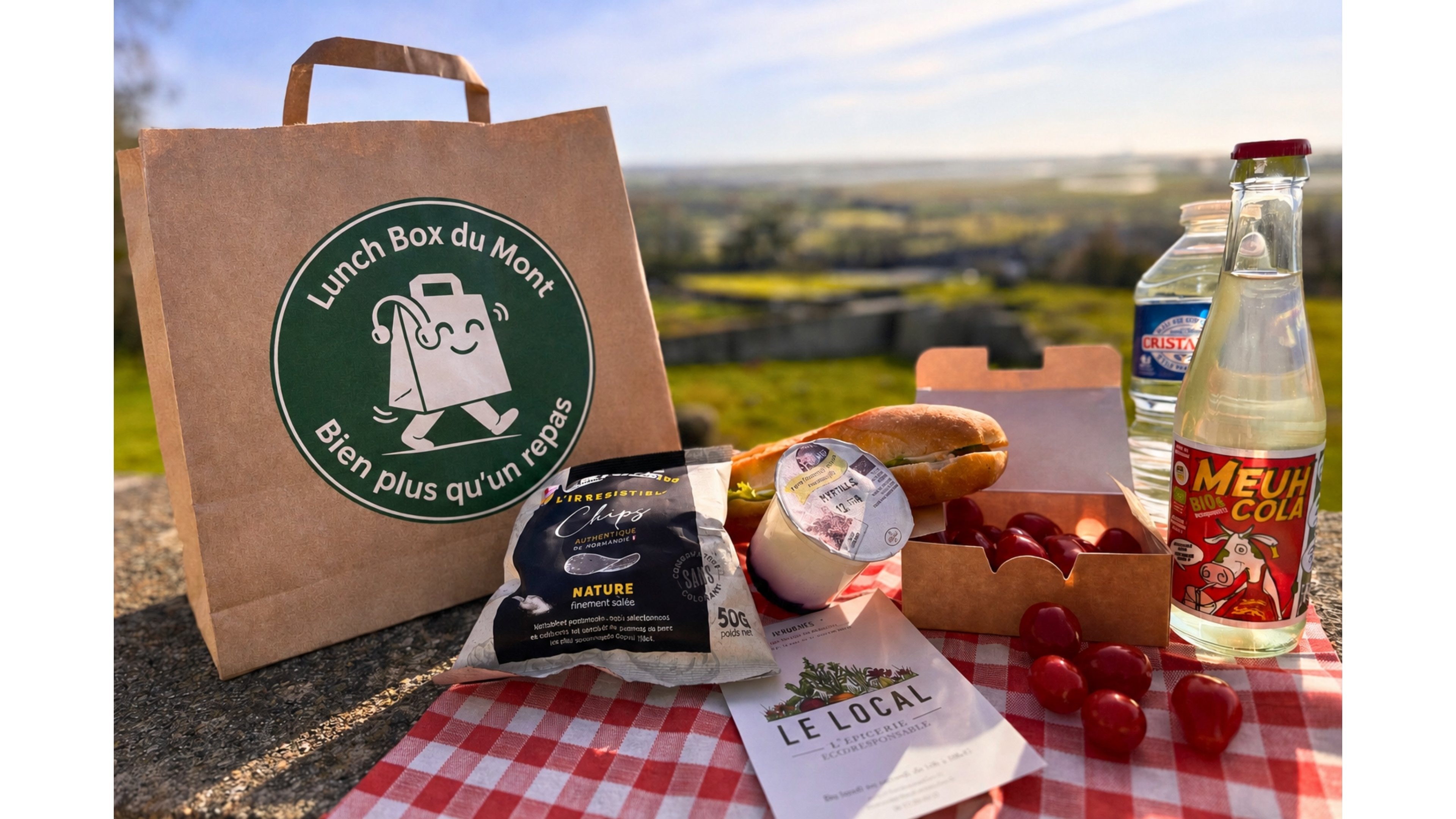 Lunch Box Le Classique avec sandwich baguette, chips Ferme de l'Odon, dessert et boisson locale au Mont Saint-Michel